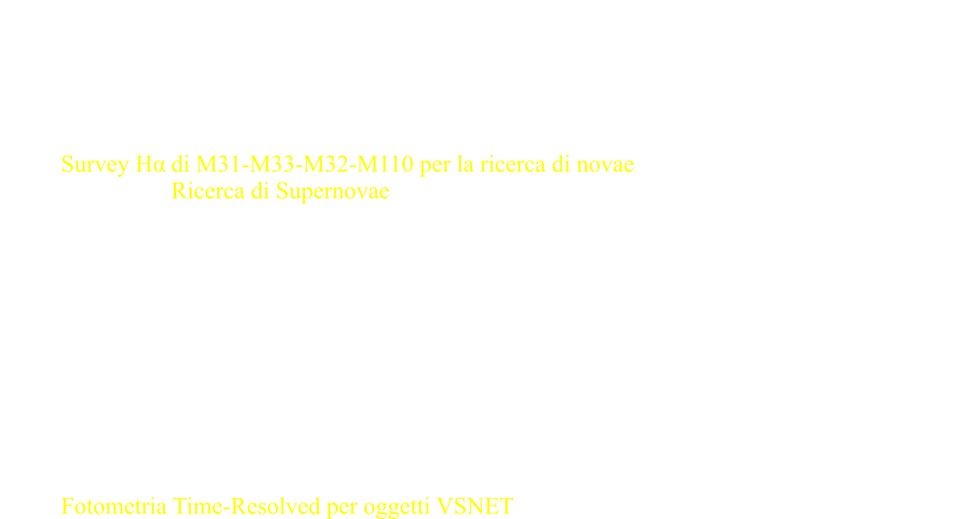 Attività di ricerca in svolgimento Programma Principale Survey H α di M31-M33-M32-M110 per la ricerca di novae  Ricerca di Supernovae  Programmi Secondari Monitoraggio nelle bande B V R del Quasar 3C345 Monitoraggio di alcune delle variabili del programma "Faint Cataclysmic Variable (CV) and Long Period Variable (LPV) CCD Project" dell'AAVSO Programmi di osservazione come ToO Fotometria di Supernovae per il "Supernova Group" dell'Osservatorio Astronomico di Padova Fotometria Time-Resolved per oggetti VSNET