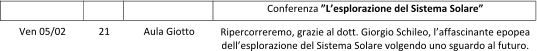 Ven 05/02   21   Aula Giotto Conferenza ”L’esplorazione del Sistema Solare”  Ripercorreremo, grazie al dott. Giorgio Schileo, l’affascinante epopea dell’esplorazione del Sistema Solare volgendo uno sguardo al futuro.